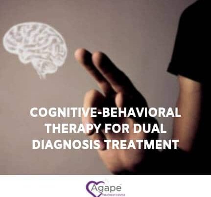 Person gesturing with hand, text about cognitive-behavioral therapy, Agape logo with heart design.