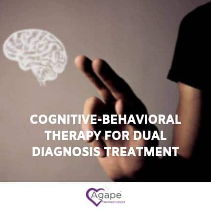 Person gesturing with hand, text about cognitive-behavioral therapy, Agape logo with heart design.