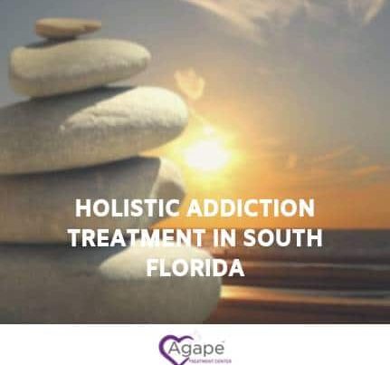 Stacked stones with sunset background and text Holistic Addiction Treatment in South Florida with Agape logo.