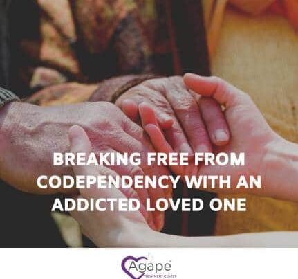 Two people holding hands, text reads 'Breaking Free from Codependency with an Addicted Loved One', Agape logo below.