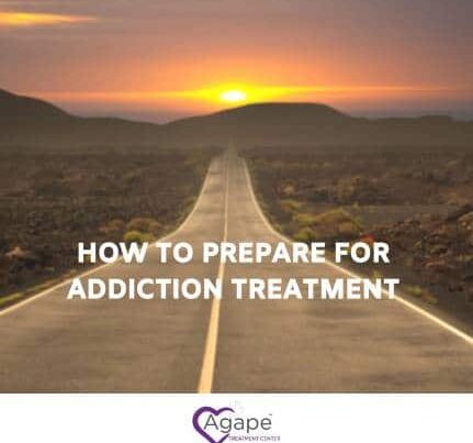 Sunset over desert road with How to Prepare for Addiction Treatment text, Agape logo in purple.
