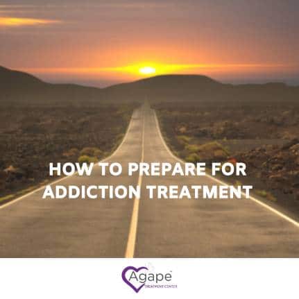 Sunset over desert road with How to Prepare for Addiction Treatment text, Agape logo in purple.