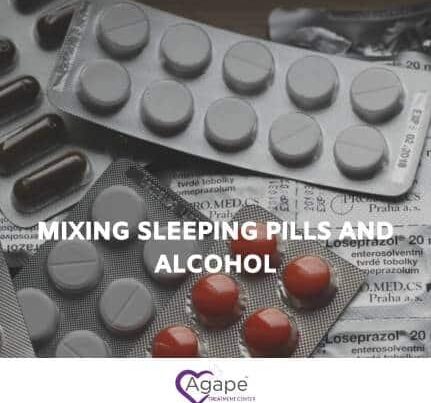 Blister packs of pills with text MIXING SLEEPING PILLS AND ALCOHOL and Agape logo.