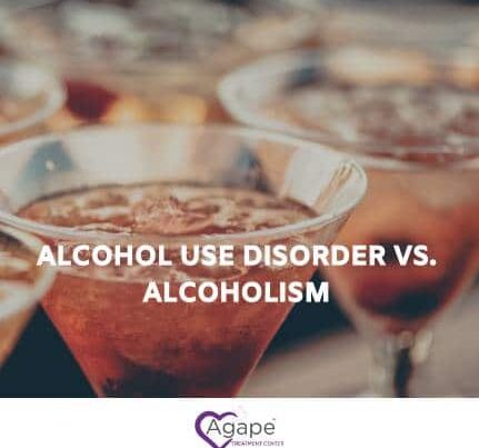 Text Alcohol Use Disorder vs. Alcoholism over close-up of cocktails.