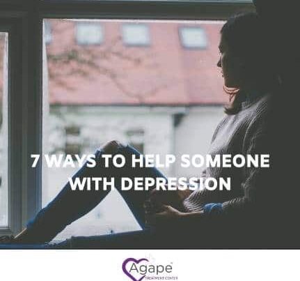 Person sitting by window looking outside with text 7 Ways to Help Someone with Depression.