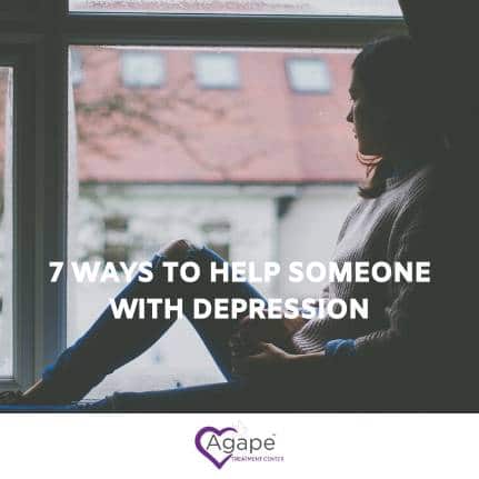 Person sitting by window looking outside with text 7 Ways to Help Someone with Depression.
