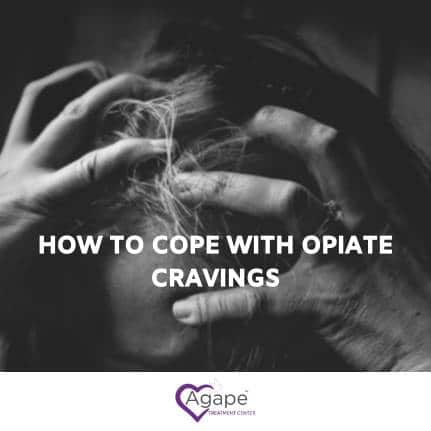 Person holding head with hands, text 'How to cope with opiate cravings' with Agape logo in purple.