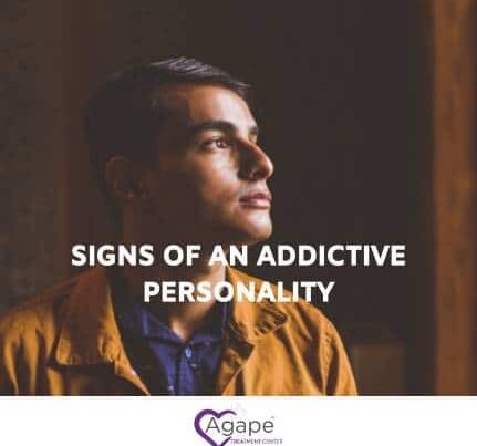 Person wearing brown jacket, looking upward, with text Signs of an Addictive Personality and Agape logo below.