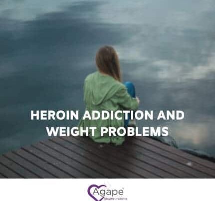Person in green hoodie sitting on dock by water, text Heroin Addiction and Weight Problems, Agape logo.