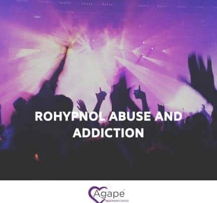 Text 'Rohypnol Abuse and Addiction' over purple concert lights, Agape Rehab Center logo with heart shape below.
