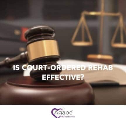 Gavel and scales on desk with text Is court-ordered rehab effective? and Agape Treatment Center logo.