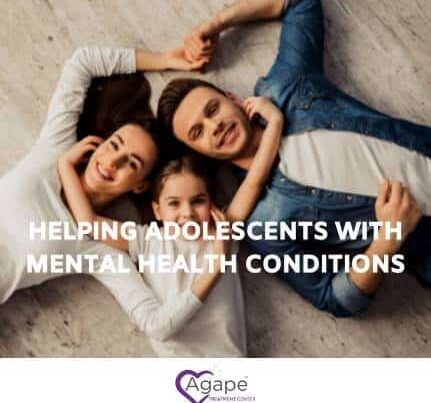 People lying on floor in casual clothing, text Helping Adolescents with Mental Health Conditions, Agape logo at bottom.