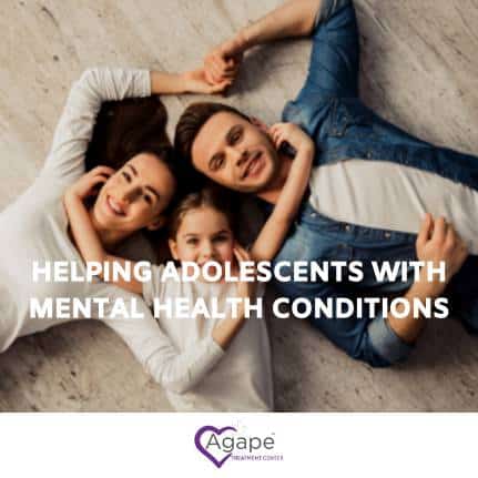 People lying on floor in casual clothing, text Helping Adolescents with Mental Health Conditions, Agape logo at bottom.
