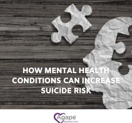 Puzzle pieces forming a head with text 'How mental health conditions can increase suicide risk'.