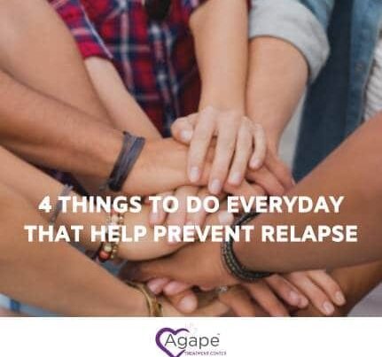 Hands of diverse people stacked together with text 4 Things to Do Everyday That Help Prevent Relapse.