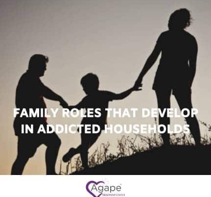 Silhouettes of three people holding hands with text Family Roles That Develop In Addicted Households.