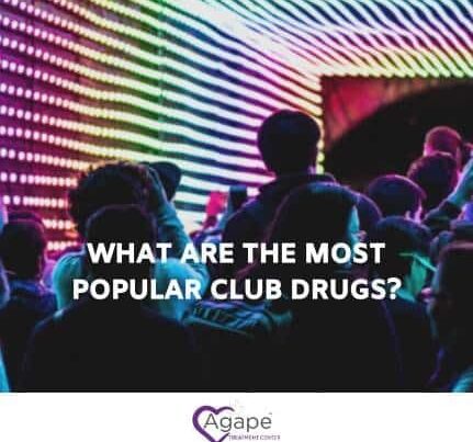 Crowd in a club with colorful LED lights and text asking about popular club drugs.