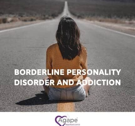 Person sitting on road wearing orange sweater with text Borderline Personality Disorder and Addiction.