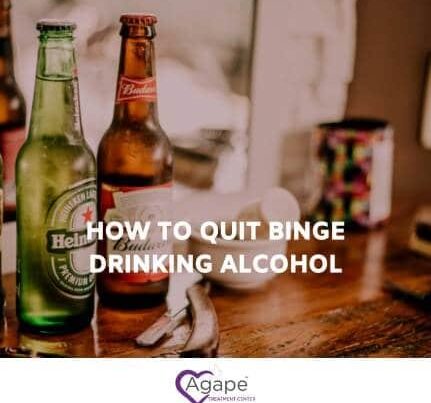 Heineken and Budweiser bottles on a table with text How to Quit Binge Drinking Alcohol, Agape Treatment Center logo.