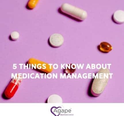 Various pills on purple background with text 5 Things to Know About Medication Management.