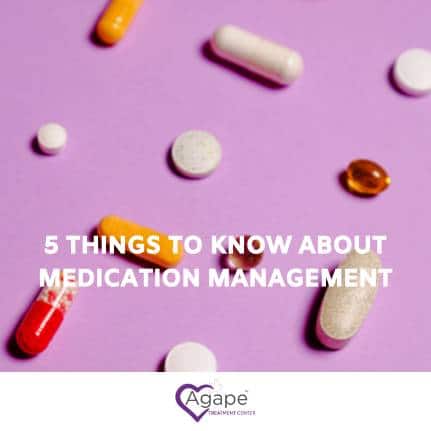 Various pills on purple background with text 5 Things to Know About Medication Management.