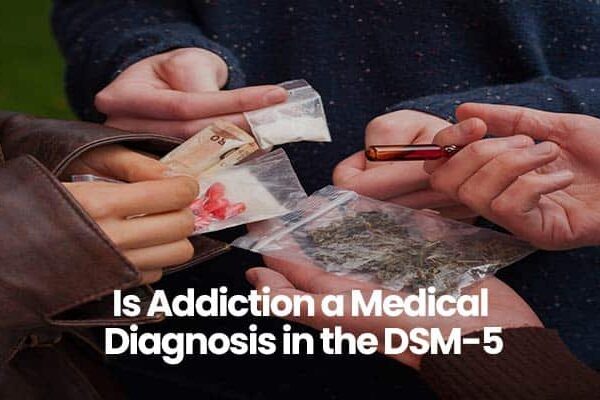 Hands exchanging money and small bags with text Is Addiction a Medical Diagnosis in the DSM-5.