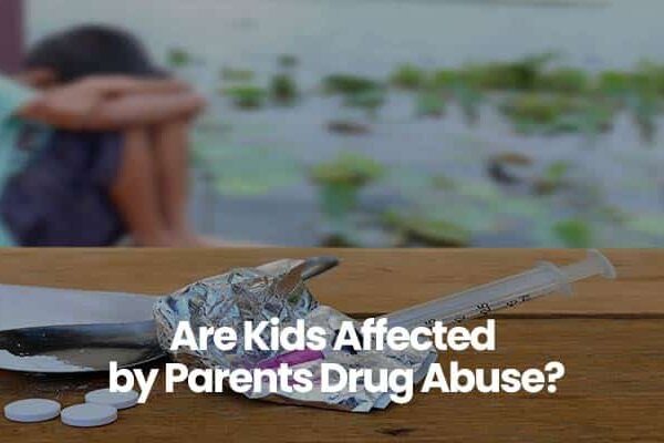 Person sitting near a pond, drug paraphernalia on table, text: Are Kids Affected by Parents Drug Abuse?