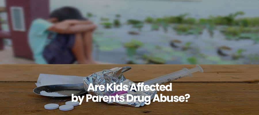Person sitting near a pond, drug paraphernalia on table, text: Are Kids Affected by Parents Drug Abuse?