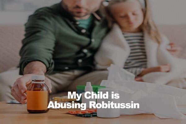 Person reaching for cough syrup near child and tissues.