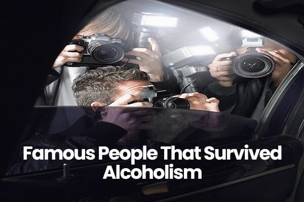 Photographers taking pictures through car window, text Famous People That Survived Alcoholism in foreground.
