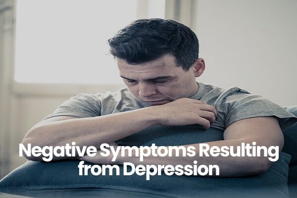 Person wearing a gray shirt sitting with head down, text on image reading Negative Symptoms Resulting from Depression.