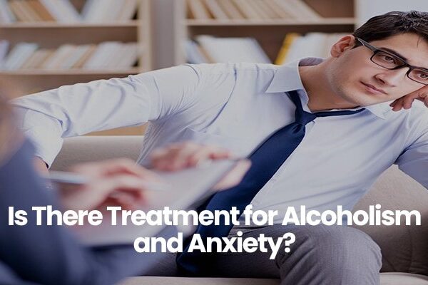 Person in white shirt and glasses sitting thoughtfully, text Is There Treatment for Alcoholism and Anxiety?