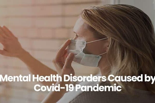 Person wearing a mask looking out window, text about Covid-19 mental health disorders.