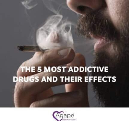 Person smoking with text The 5 Most Addictive Drugs and Their Effects. Logo: Agape with heart shape.