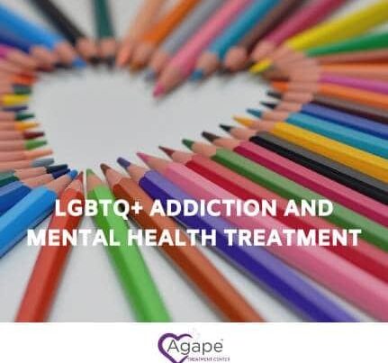 Colored pencils forming heart shape with LGBTQ+ Addiction and Mental Health Treatment text. Agape logo below.