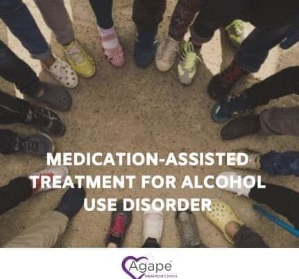 Circle of people's feet in colorful shoes on sandy ground, text overlay Medication-Assisted Treatment for Alcohol Use Disorder.