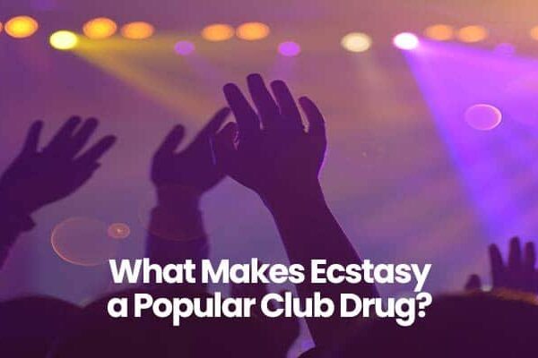 Silhouetted hands raised in club with colorful lights, text What Makes Ecstasy a Popular Club Drug?