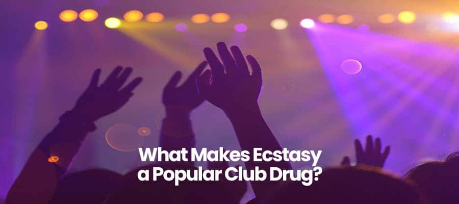 Silhouetted hands raised in club with colorful lights, text What Makes Ecstasy a Popular Club Drug?
