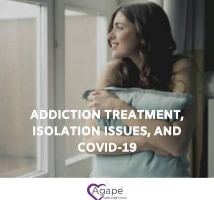 Person holding a pillow and looking out the window with text about addiction treatment and COVID-19.