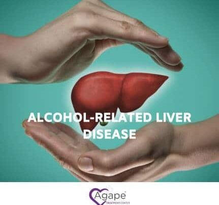 Hands encircling a red liver with text Alcohol-Related Liver Disease and Agape Treatment Center logo at the bottom.