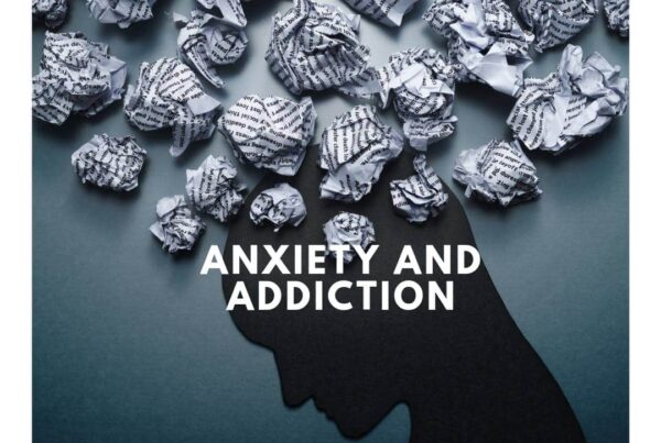 Silhouette of head with crumpled paper above, text ANXIETY AND ADDICTION, Agape Treatment Center logo below.