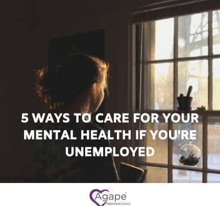 Person sitting by window with text overlay 5 ways to care for your mental health if you're unemployed.