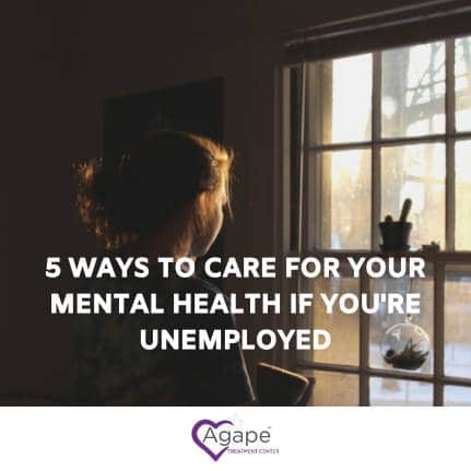 Person sitting by window with text overlay 5 ways to care for your mental health if you're unemployed.