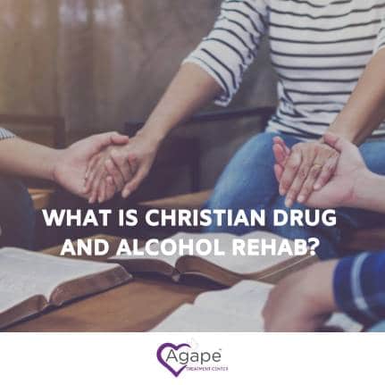 Person in striped shirt holding hands with others above open books, text What is Christian Drug and Alcohol Rehab?