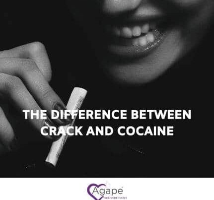 Person holding a rolled paper near mouth, text 'The difference between crack and cocaine', Agape Treatment Center logo.