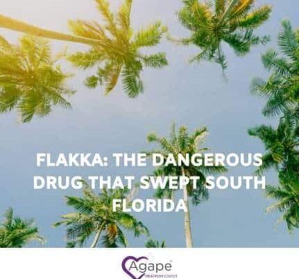 Palm trees against sky with text Flakka: The Dangerous Drug That Swept South Florida, Agape Treatment Center logo.