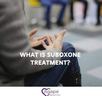 Person in grey blazer with crossed hands, sitting on chair, text What is Suboxone Treatment? with Agape logo below.