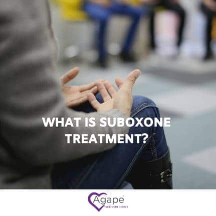 Person in grey blazer with crossed hands, sitting on chair, text What is Suboxone Treatment? with Agape logo below.