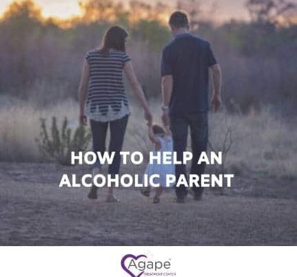 Family walking in a field at sunset, text How to help an alcoholic parent, Agape logo with heart design.