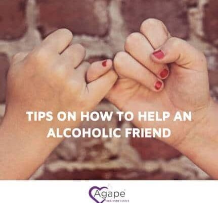 Two hands with pinky promise, text Tips on how to help an alcoholic friend, Agape logo below.